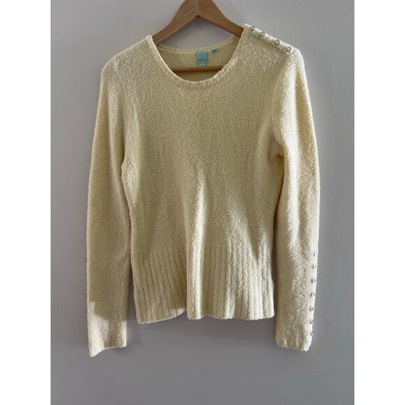SHU SHU Soft Fuzzy Sweater Crew Neck Stretchy Silver Button Details Large JL - Picture 1 of 9